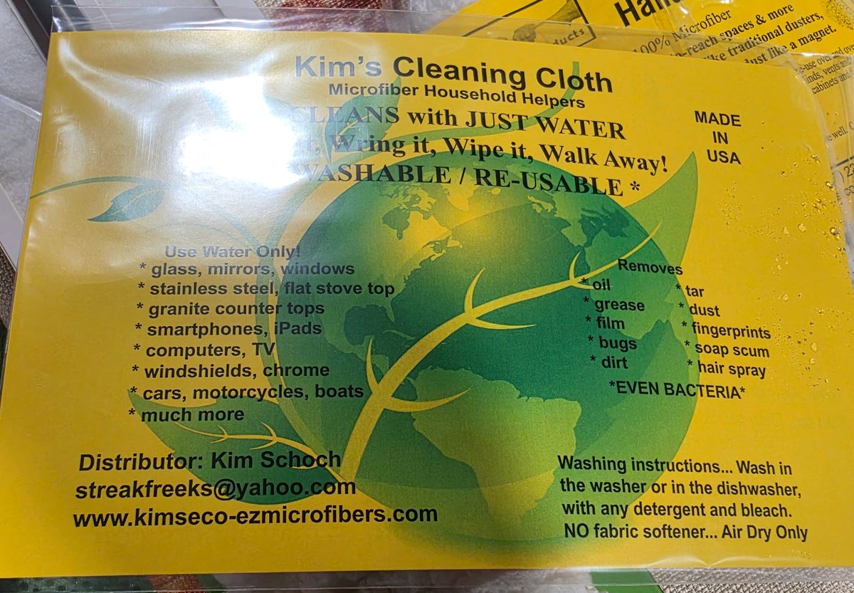 The Kim's Cleaning Cloth package with its green earth label